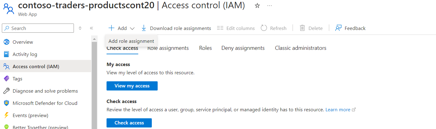 Captura de pantalla del control de acceso (IAM) en el componente de aplicación en el que se van a establecer los criterios de error.