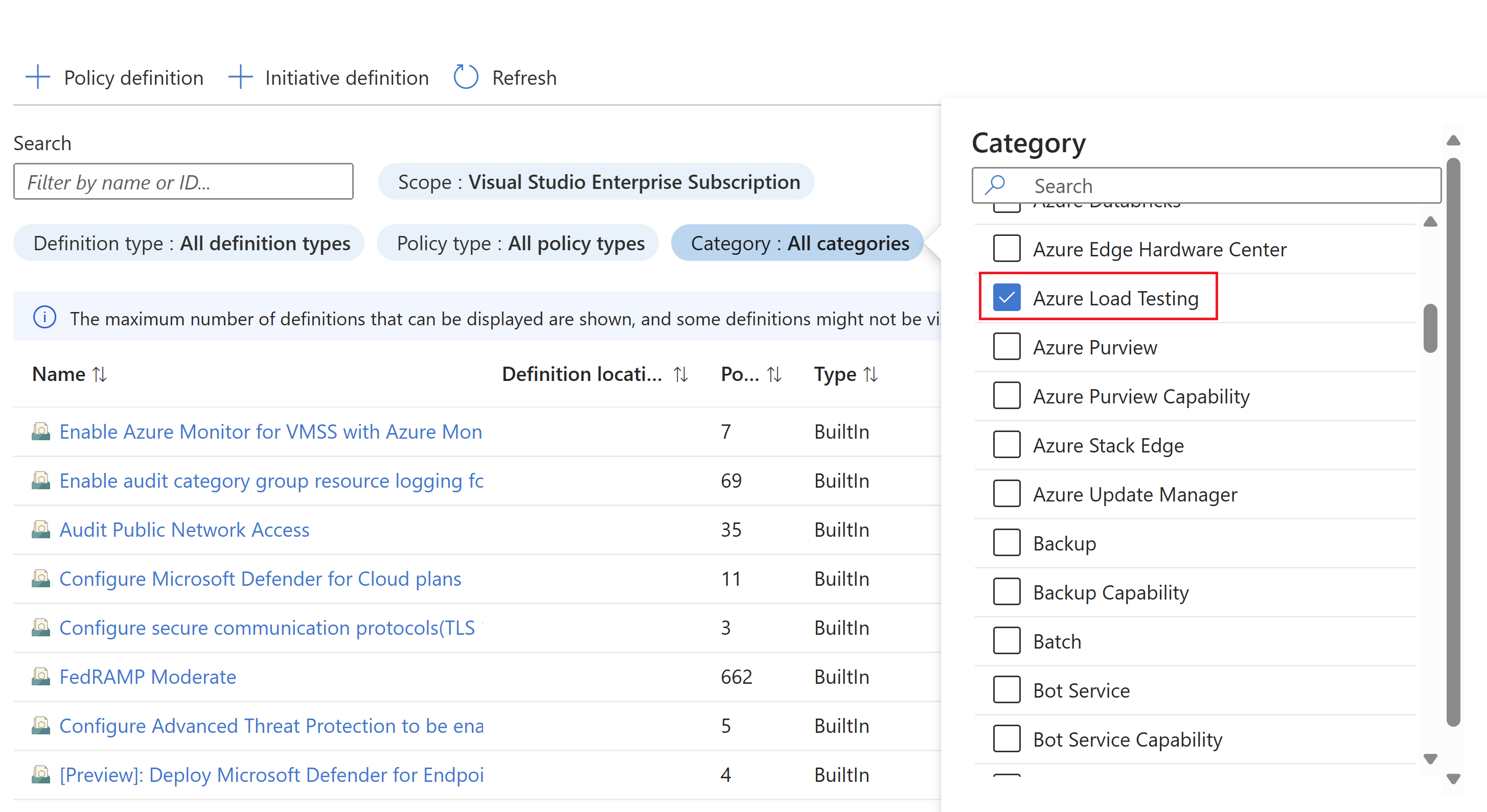 Recorte de pantalla que muestra el filtro de categoría y la categoría Azure Load Testing seleccionada.