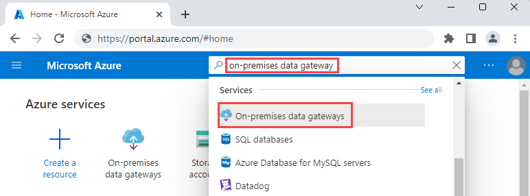 Captura de pantalla que muestra el cuadro de búsqueda de Azure Portal con las palabras, puerta de enlace de datos local. La lista de resultados muestra la opción seleccionada, puertas de enlace de datos locales.