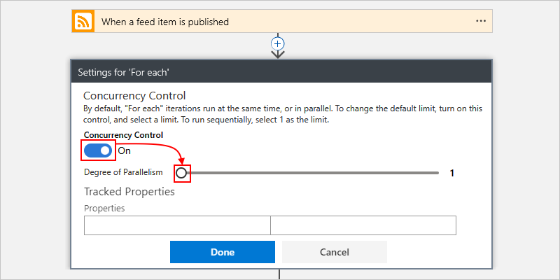 La captura de pantalla muestra el flujo de trabajo de consumo, la acción denominada For each, la configuración de control de simultaneidad activada y el control deslizante de grado de paralelismo establecido en 1.