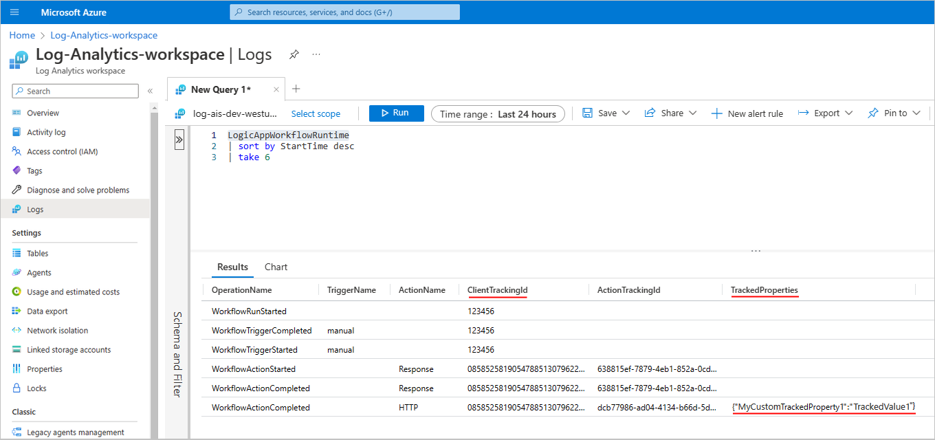 Captura de pantalla en la que se muestran Azure Portal, el área de trabajo de Log Analytics y la telemetría capturada para la ejecución del flujo de trabajo con propiedades de seguimiento personalizadas.