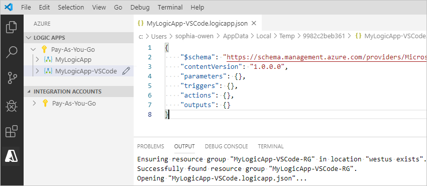 Archivo JSON de definición del flujo de trabajo de la aplicación lógica vacía