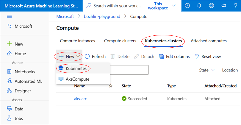 Captura de pantalla que muestra la configuración del clúster de Kubernetes para que esté disponible en el área de trabajo.