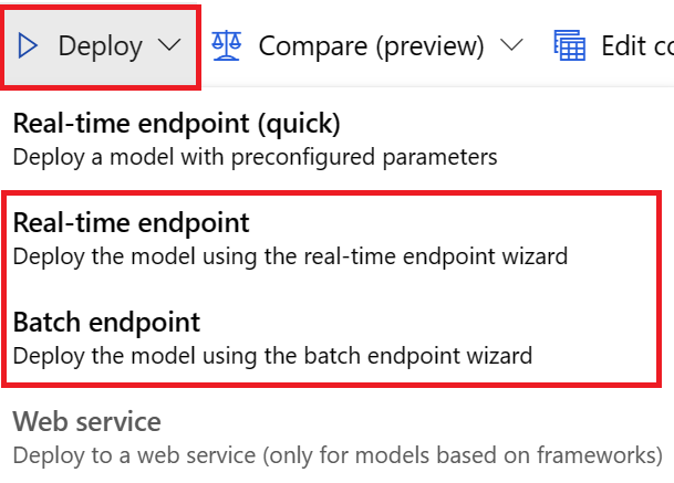 Captura de pantalla de las opciones de implementación para un modelo de previsión de AutoML.