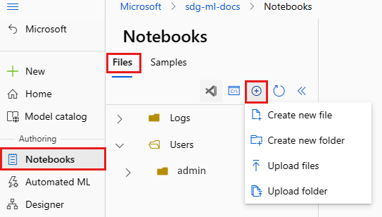 Creación o carga del script de configuración en el archivo de Notebooks en Studio