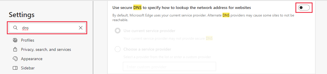 Captura de pantalla del uso de la configuración de DNS segura en Microsoft Edge.