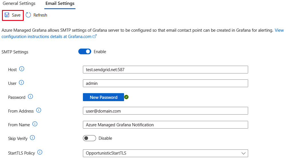 Captura de pantalla de la plataforma Azure. Pestaña de configuración de correo electrónico con nuevos datos.