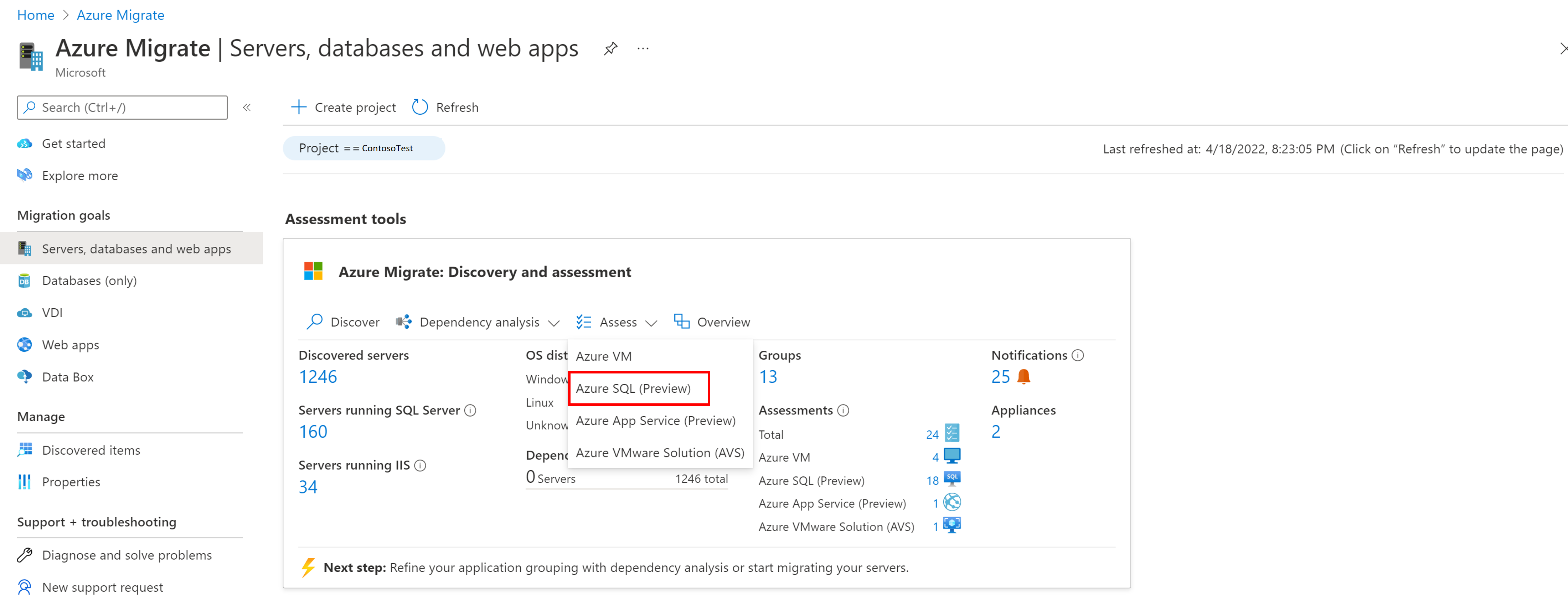 Captura de pantalla de la lista desplegable en la que se puede elegir el tipo de evaluación Azure SQL.