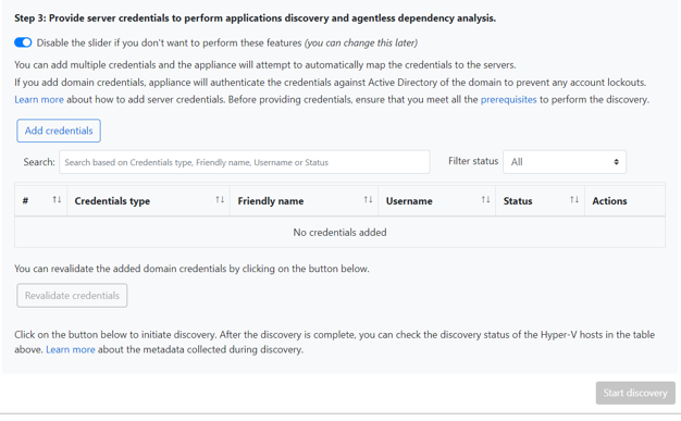 Captura de pantalla que muestra cómo proporcionar credenciales para el inventario de software y el análisis de dependencias.