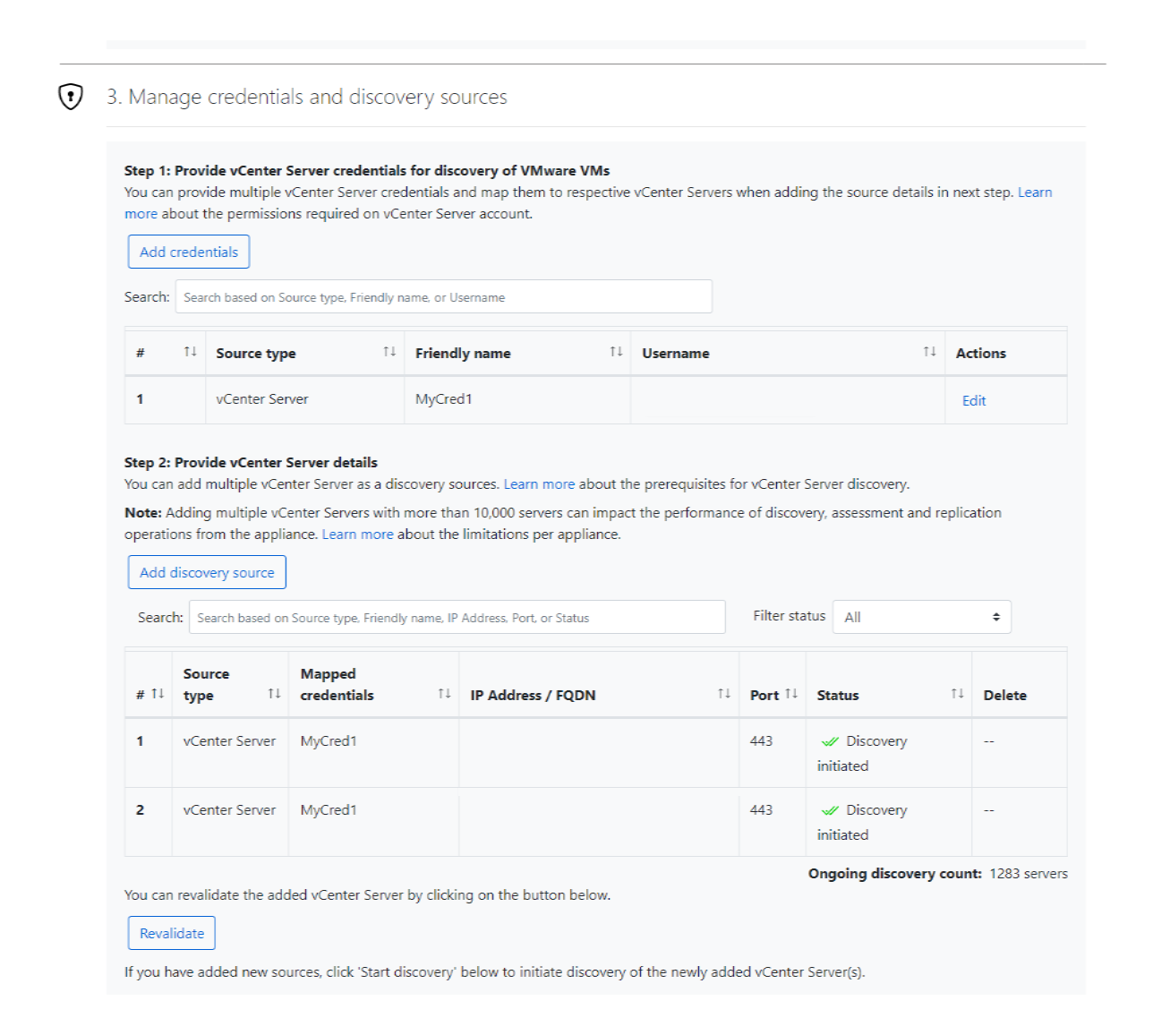 Captura de pantalla que muestra la administración de credenciales y orígenes de detección de vCenter Server en el administrador de configuración del dispositivo.