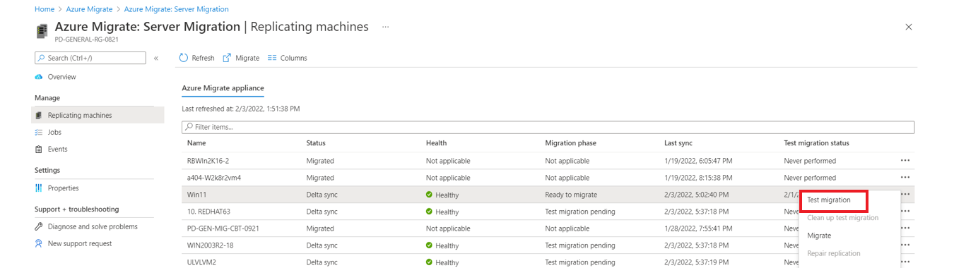 Captura de pantalla de una migración de prueba.