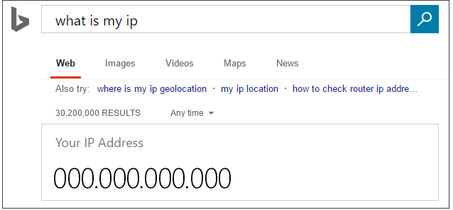 Captura de pantalla de Bing search for What is my IP (¿Cuál es mi dirección IP?).