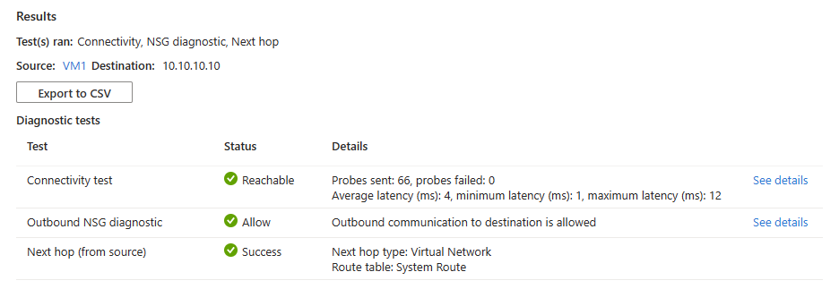 Captura de pantalla que muestra los resultados de la solución de problemas de conexión después de probar la conexión a una dirección IP accesible.