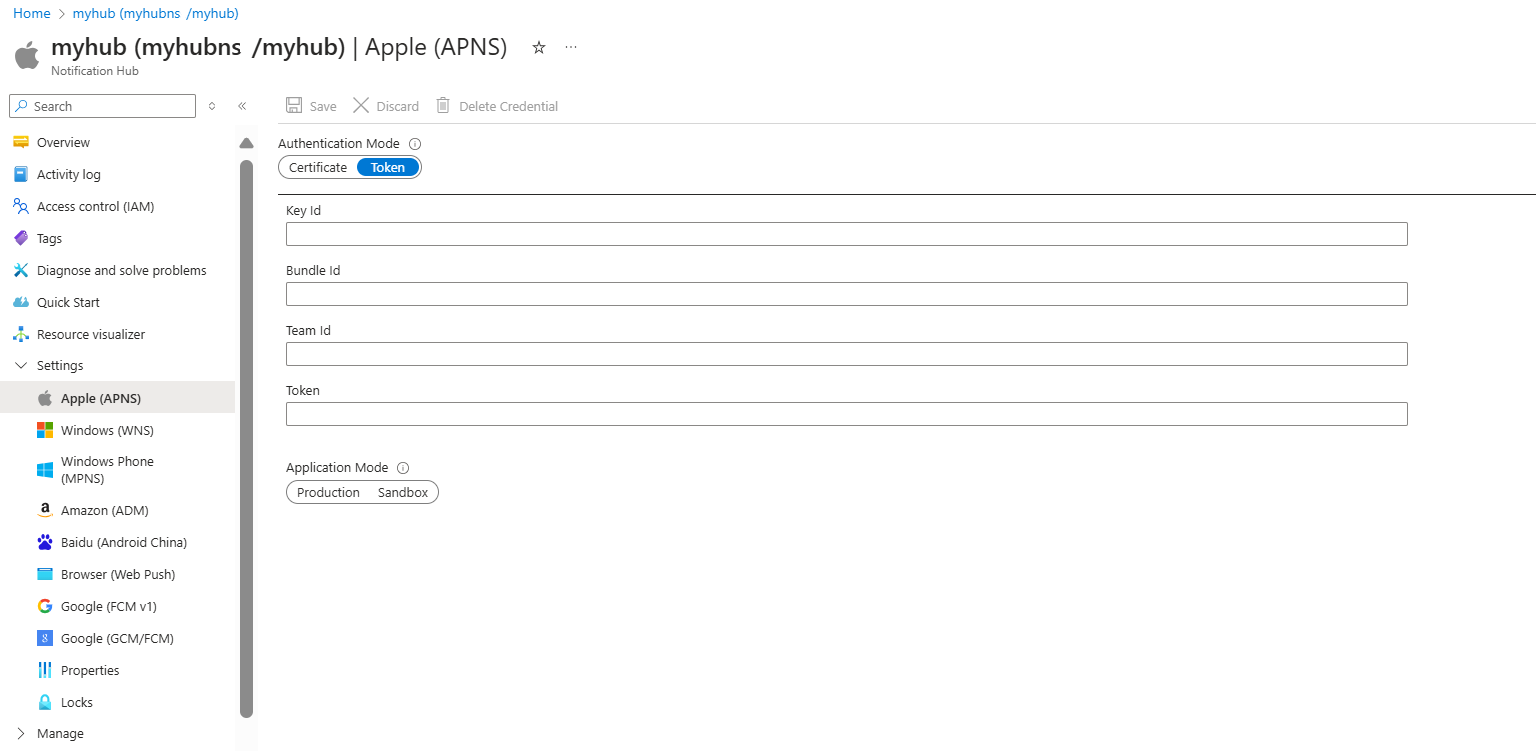 Captura de pantalla de una configuración del token de APNS en Azure Portal.