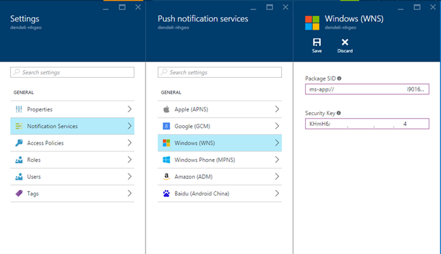 Captura de pantalla que muestra la página de configuración con las opciones Notification Services y Windows (WNS) resaltadas y los valores de SID del paquete y clave de seguridad rellenados.