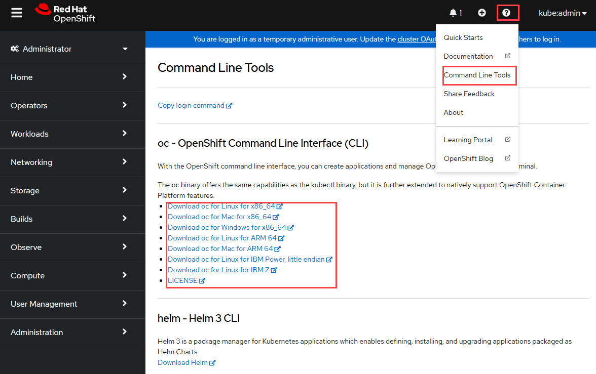 Captura de pantalla que resalta la opción Command Line Tools (Herramientas de línea de comandos) en la lista al seleccionar el icono de interrogación (?).