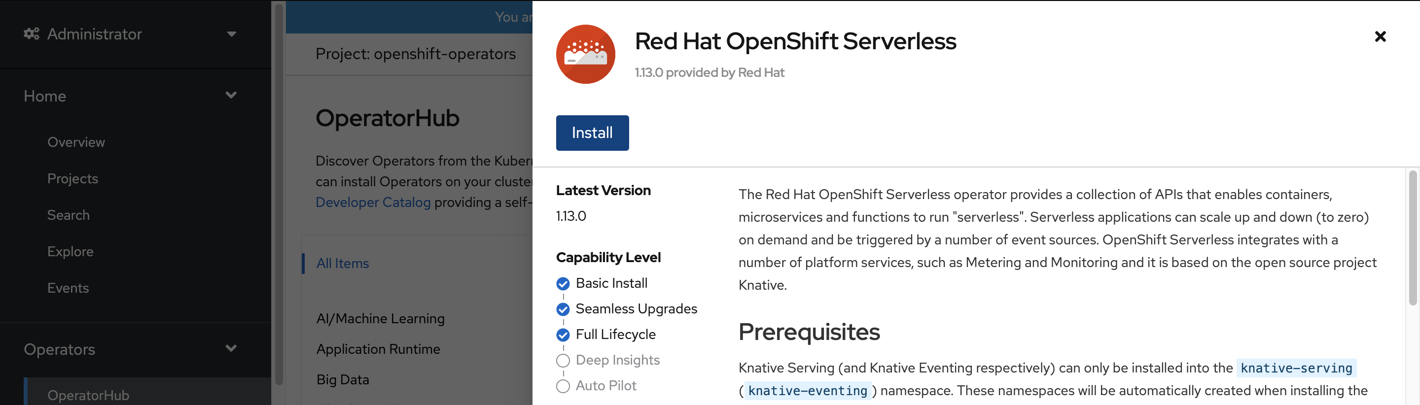 Captura de pantalla que muestra cómo seleccionar Instalar para instalar el operador.