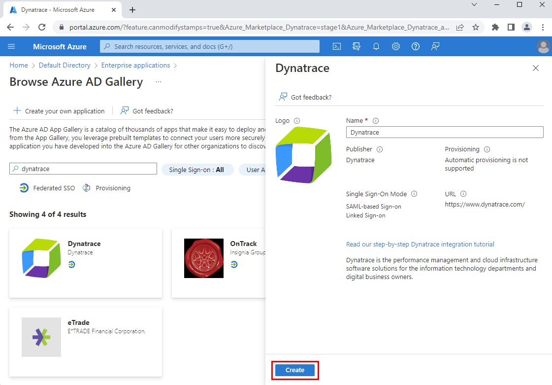 Captura de pantalla del servicio Dynatrace en la galería de Marketplace.