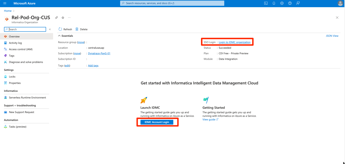 Captura de pantalla donde se muestra la dirección URL de inicio de sesión único en el panel Información general del recurso de Informatica.