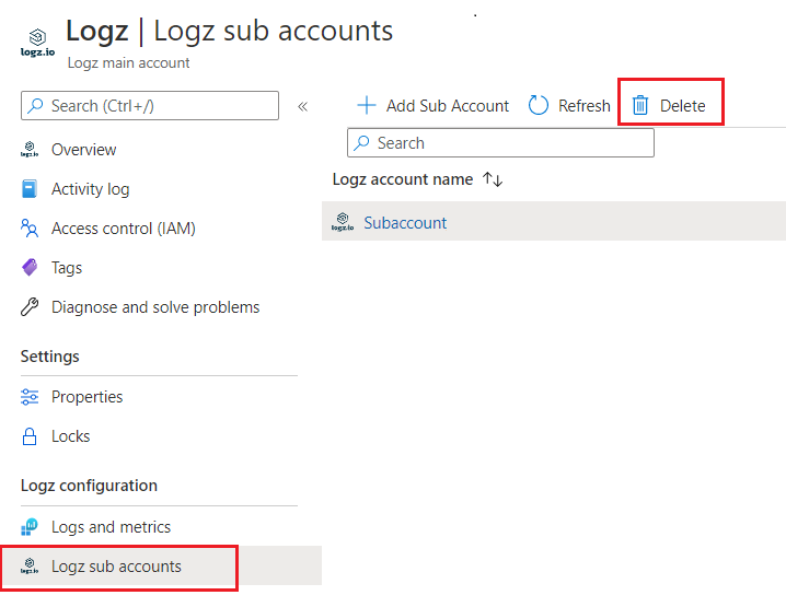 Eliminación de una cuenta secundaria de Logz.io desde la configuración de Logz.