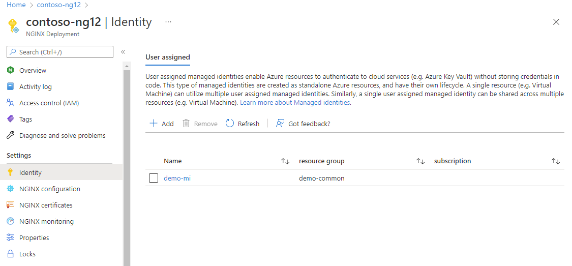 Screenshot after user assigned managed identity is added.