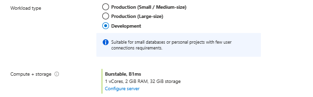 Captura de pantalla que muestra los valores predeterminados para la configuración de proceso y almacenamiento.