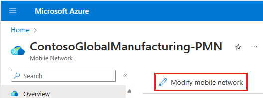 Captura de pantalla de Azure Portal que muestra el botón Modificar red móvil.