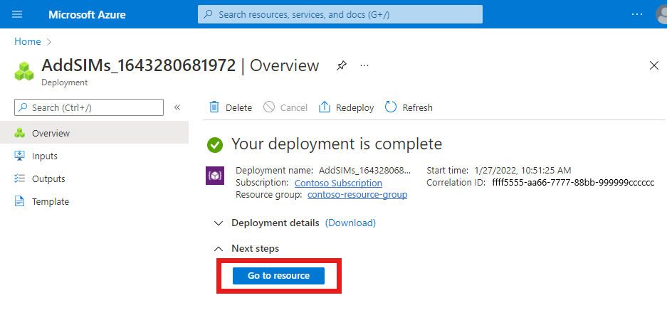 Captura de pantalla de Azure Portal que muestra la implementación completa de un recurso de SIM y del botón Ir al recurso.