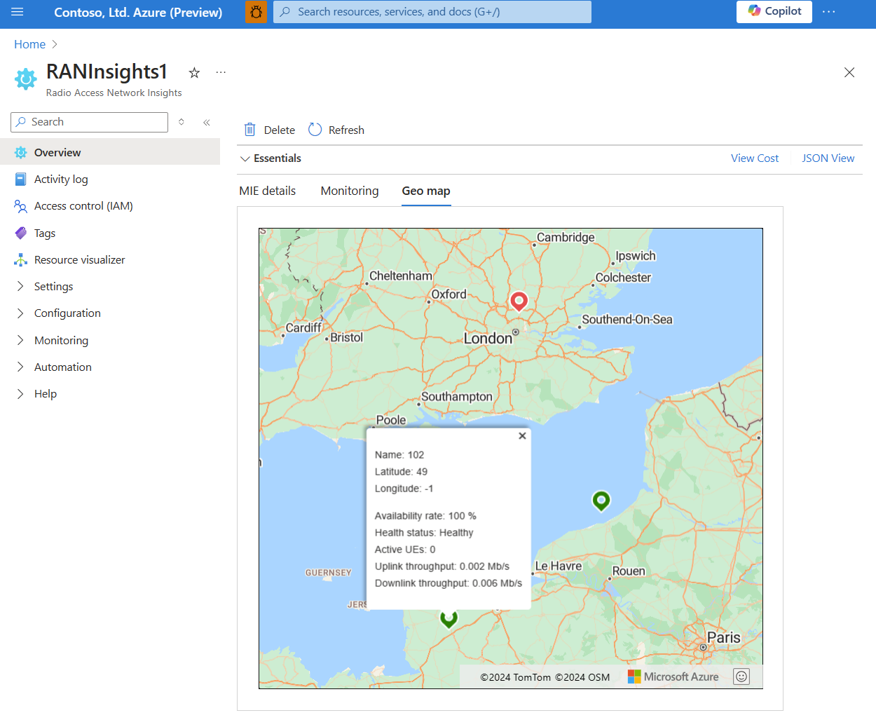 Captura de pantalla del Azure Portal que muestra la creación de un mapa geográfico de pin verde de recursos RAN insight.