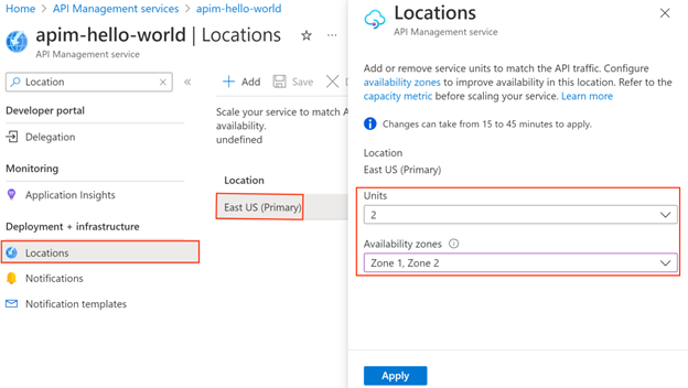 Captura de pantalla que muestra las selecciones para migrar una ubicación existente de una instancia de API Management que no está insertada en una red virtual.