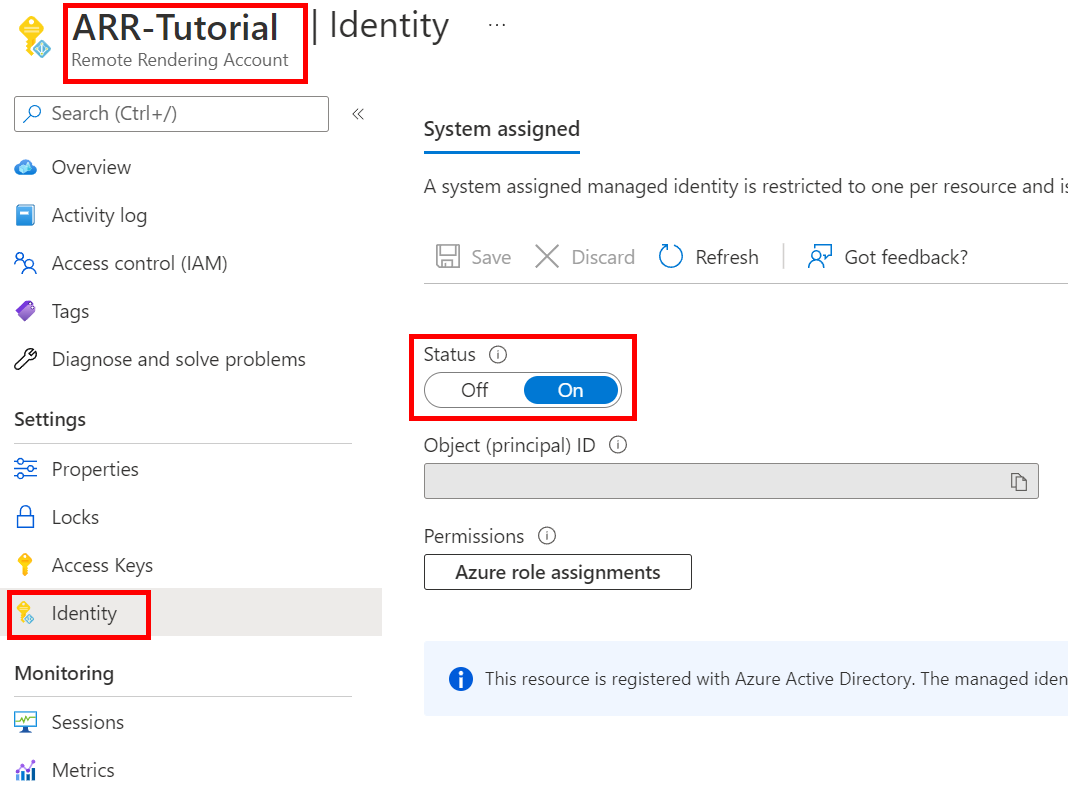 Captura de pantalla de la página de la cuenta de Remote Rendering en el submenú de configuración, identidad, con la opción Estado asignado por el sistema activada.