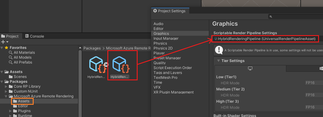 Captura de pantalla del explorador de recursos de Unity y del cuadro de diálogo Configuración del proyecto. El recurso HybridRenderingPipeline está resaltado en el explorador de recursos. Una flecha apunta del recurso al campo UniversalRenderPipelineAsset en la configuración del proyecto.