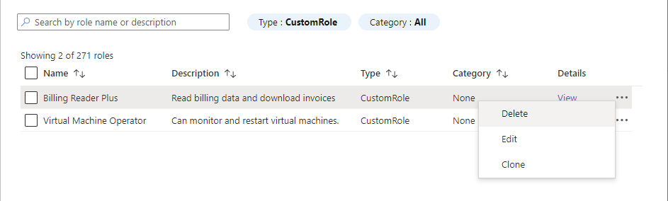 Captura de pantalla de una lista de roles personalizados que se pueden seleccionar para su eliminación.