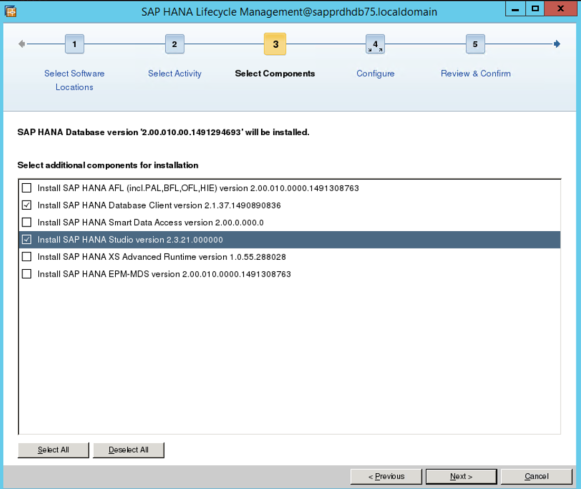 Captura de la pantalla de administración del ciclo de vida de SAP HANA con una lista de los componentes adicionales