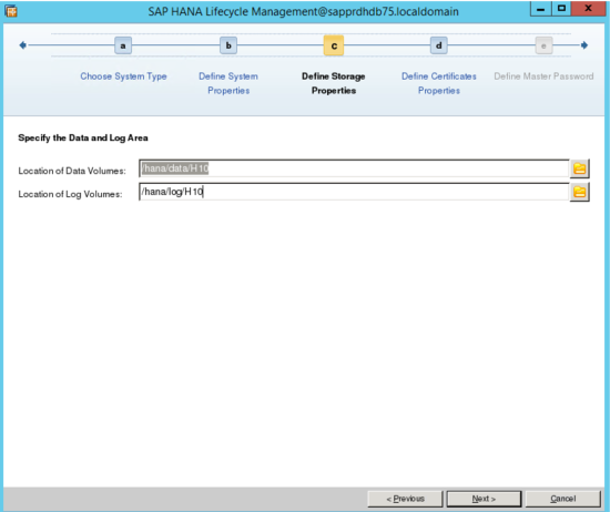 Captura de la pantalla de administración del ciclo de vida de SAP HANA con los campos de área de datos y registro.