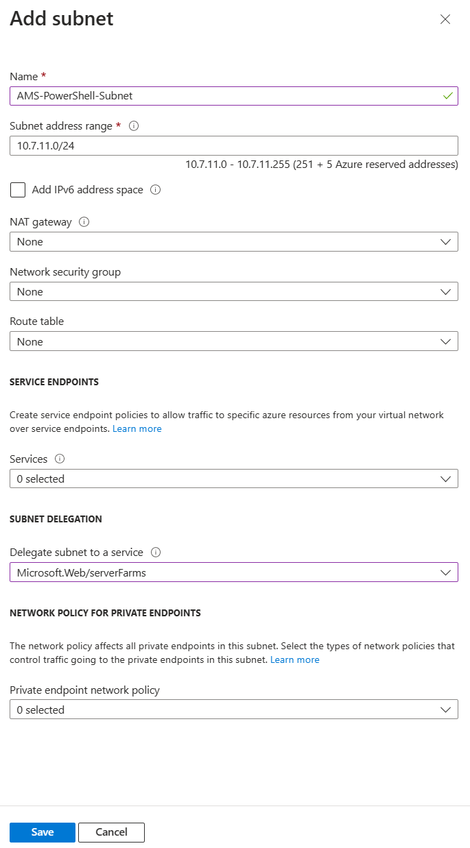 Captura de pantalla que muestra la creación de subredes para Azure Monitor para soluciones de SAP.