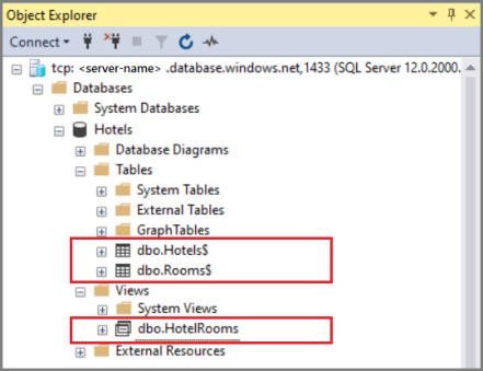 Tablas y vista de la base de datos de hoteles