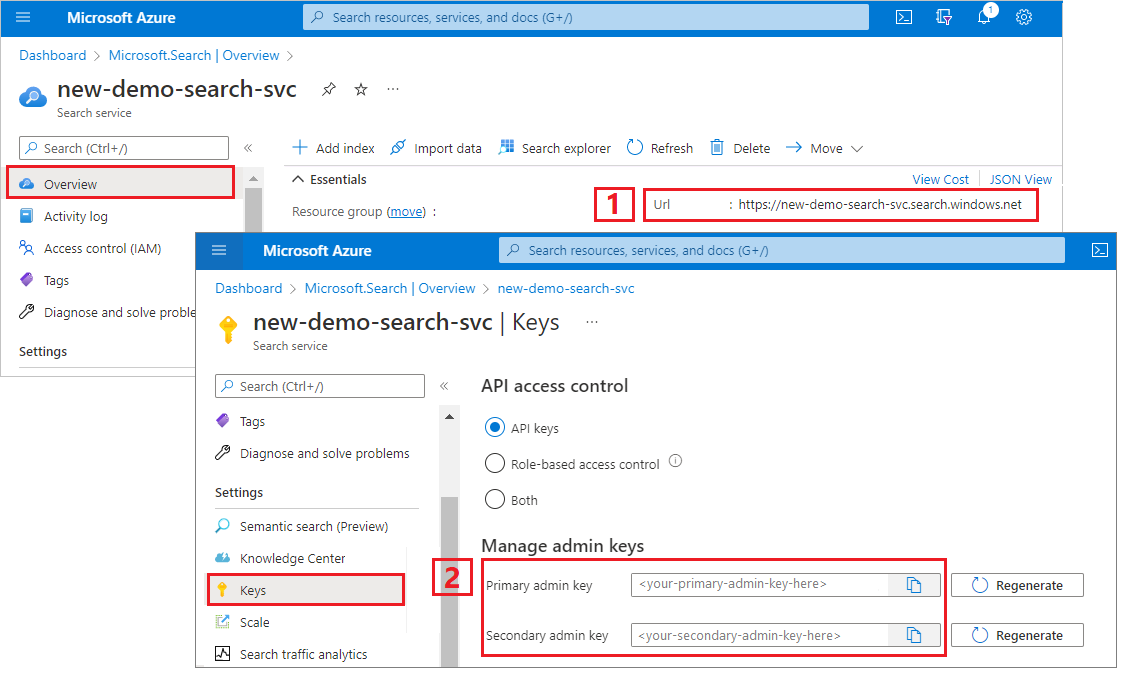 Captura de pantalla que muestra dónde encontrar el punto de conexión HTTP y la clave de acceso del servicio de búsqueda.