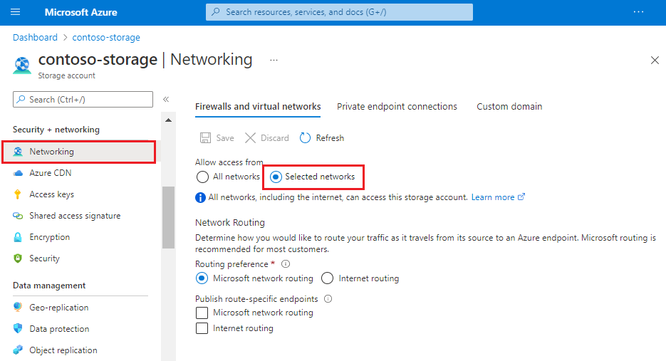 Captura de pantalla de la página de firewall y redes virtuales de Azure Storage