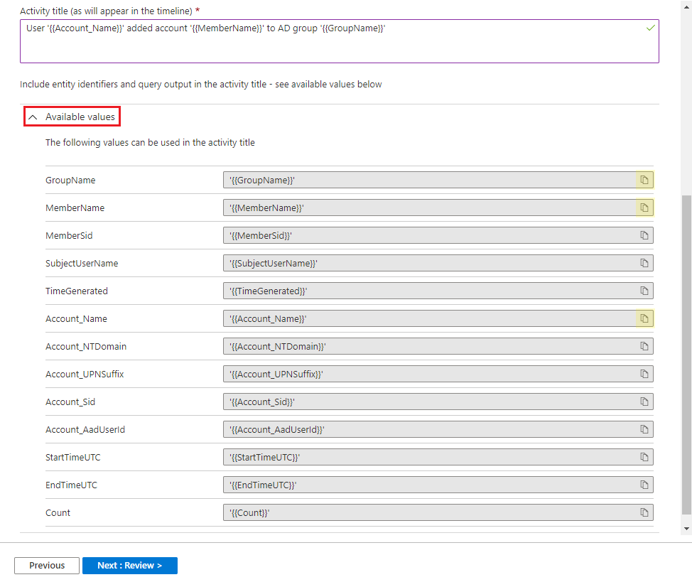 Captura de pantalla: Visualización de los valores disponibles para el título de la actividad