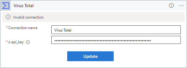 Captura de pantalla que muestra cómo especificar la clave de API y otros detalles de conexión para Virus Total.