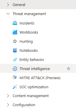 Captura de pantalla que muestra el menú de inteligencia sobre amenazas de Microsoft Sentinel en Azure Portal.