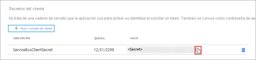 Captura de pantalla que muestra la sección Secretos de cliente con el secreto que ha agregado.