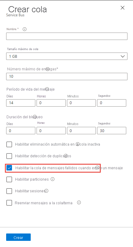 Habilitación de la cola de mensajes fallidos en el momento de creación de la cola