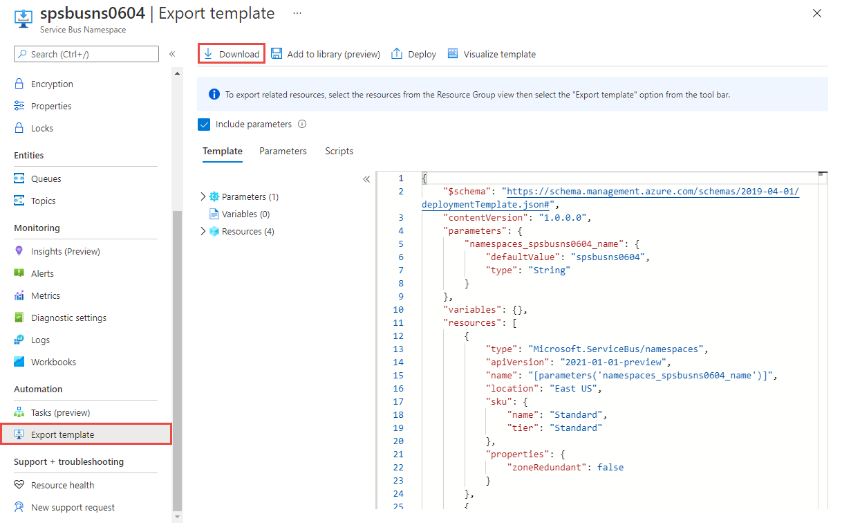 Descarga de la plantilla de Resource Manager