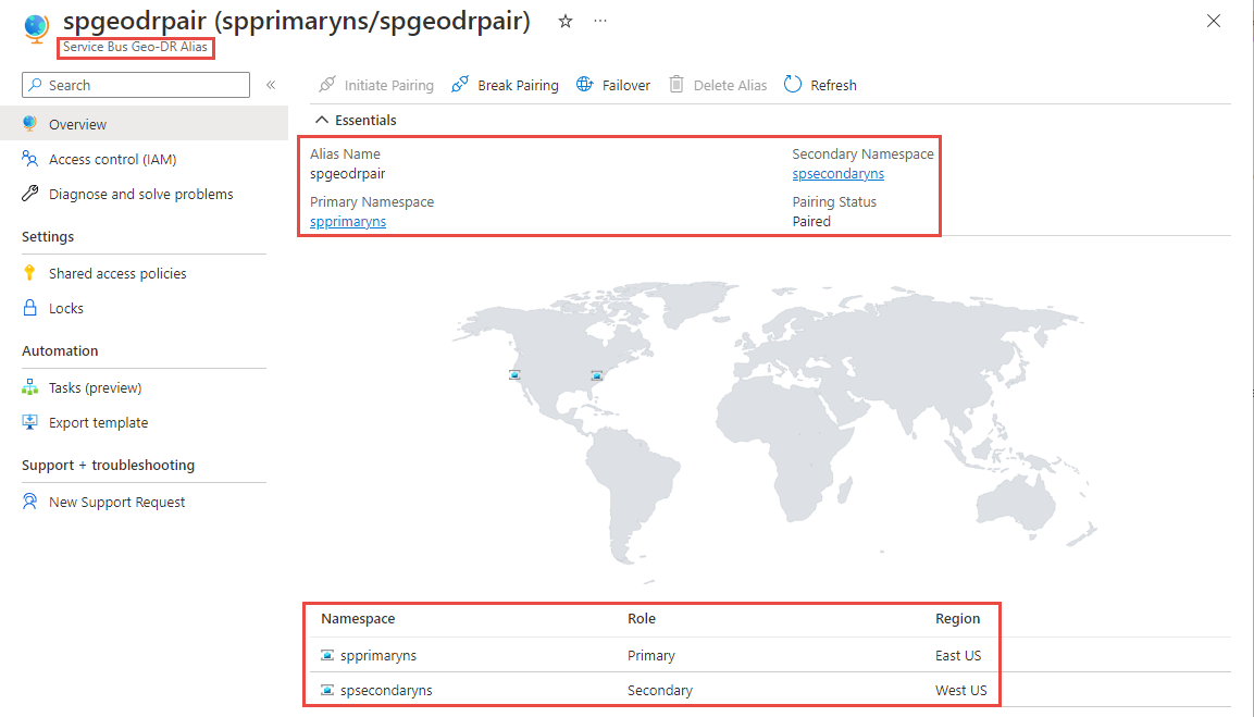 Captura de pantalla que muestra la página Alias de recuperación ante desastres geográficas de Service Bus con espacios de nombres principal y secundario.