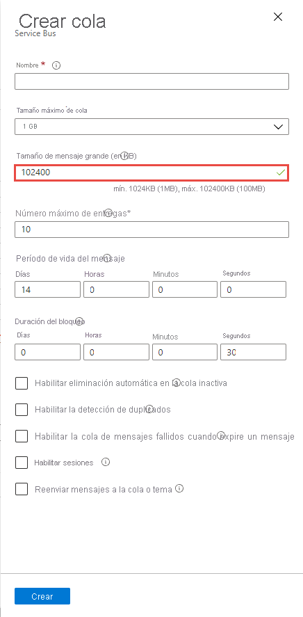 Captura de pantalla que muestra cómo habilitar la compatibilidad con mensajes grandes en una cola existente.