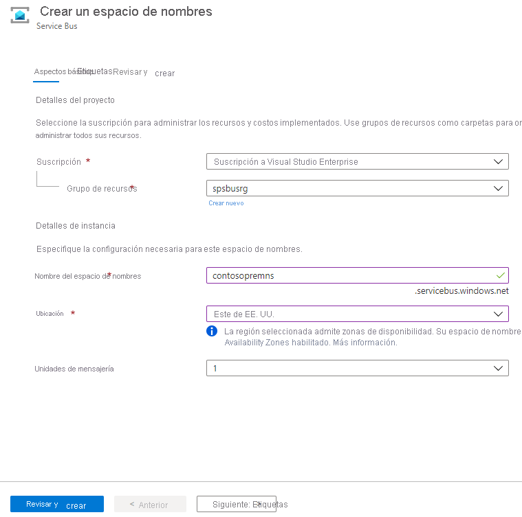 Imagen que muestra la página Crear un espacio de nombres.