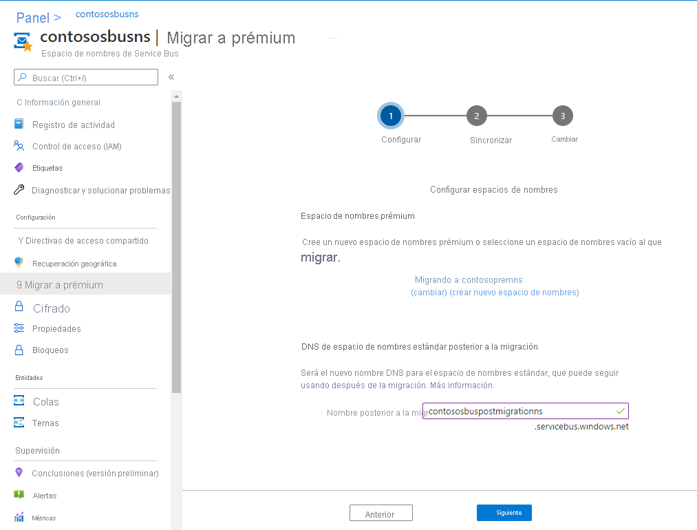 Imagen que muestra el nombre posterior a la migración para el espacio de nombres estándar.