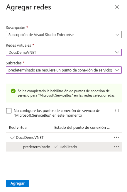 Imagen en la que se muestra el mensaje de operación correcta al habilitar el punto de conexión de servicio.